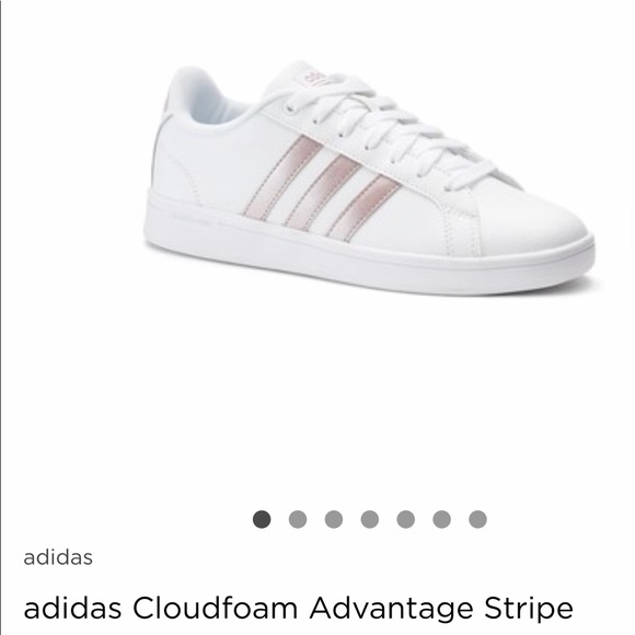 white adidas with rose gold stripes